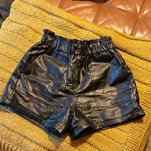High Waist Black Leather Women Shorts